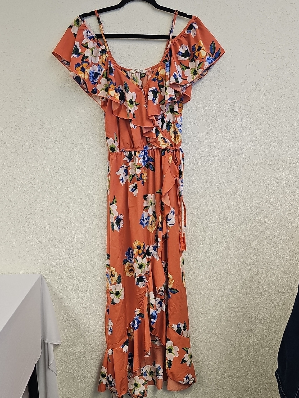 Indulge Coral Floral Ruffle Cold Shoulder Maxi Dress Y2K Tassle